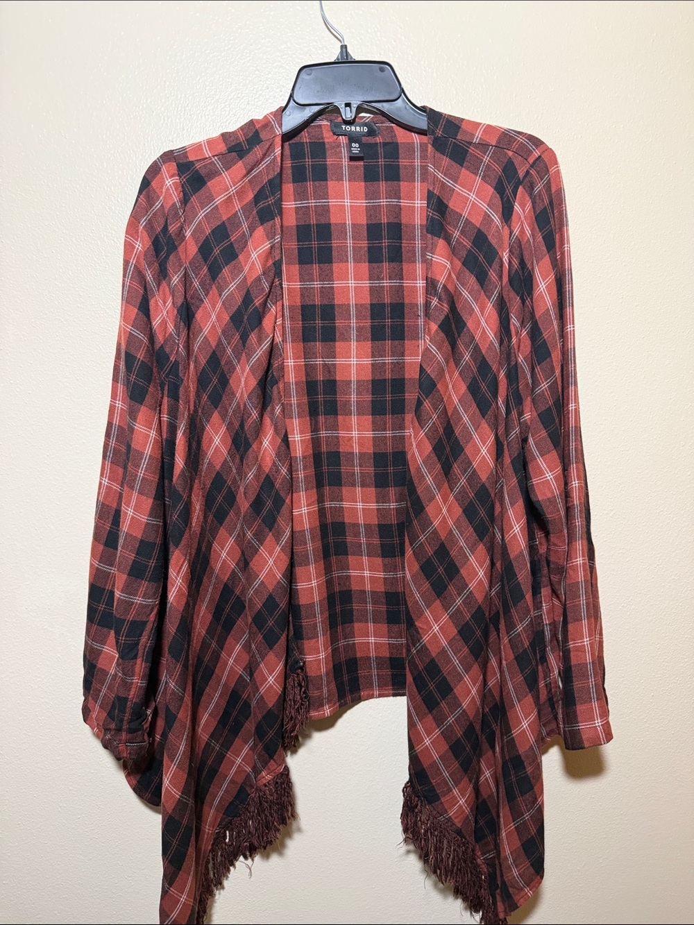 torrid Rust and Black Plaid Open-Front Fringe Tunic